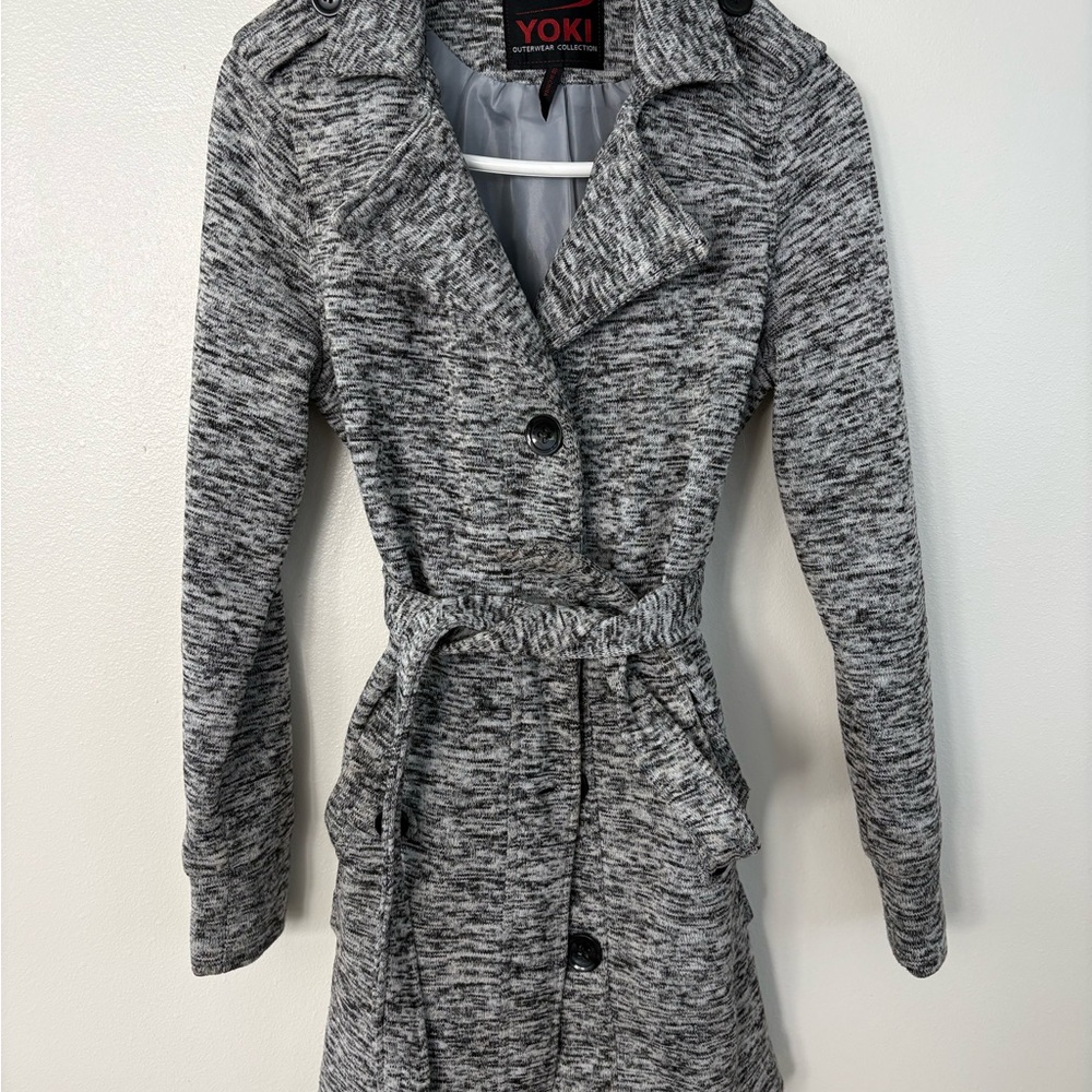 Yoki Gray Marled Knit Trench Coat with Elastic Waist